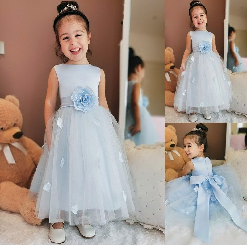 Flower Sleeveless Ankle-Length Tulle Hand-Made Scoop A-Line/Princess Flower Girl Dresses