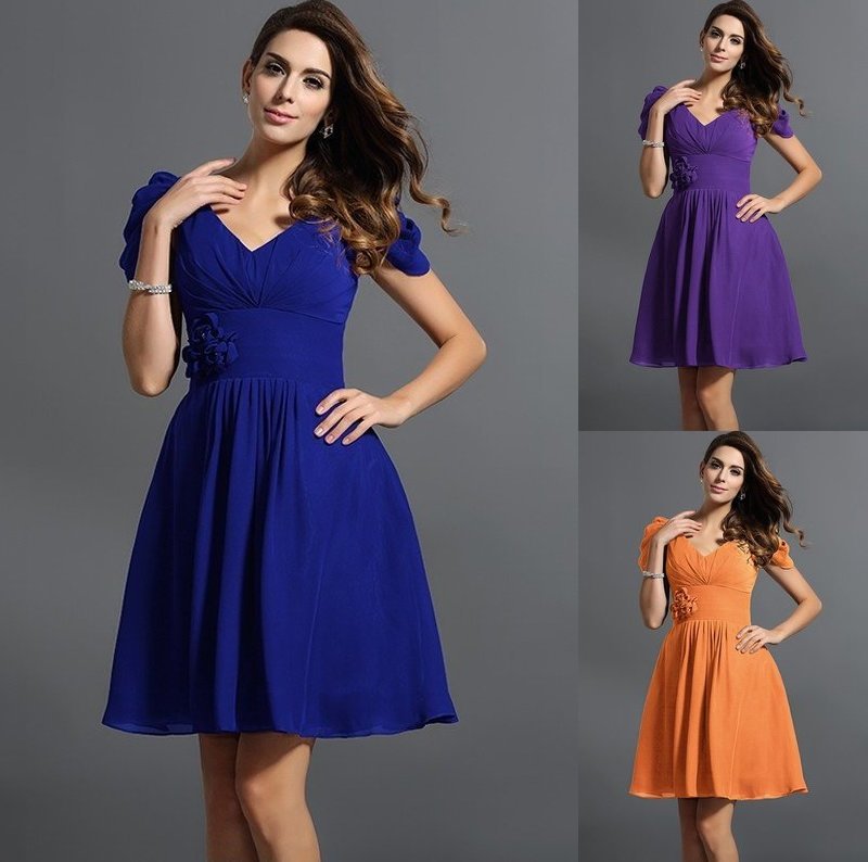 Hand-Made Flower A-Line/Princess Sleeves V-neck Short Short Chiffon Bridesmaid Dresses