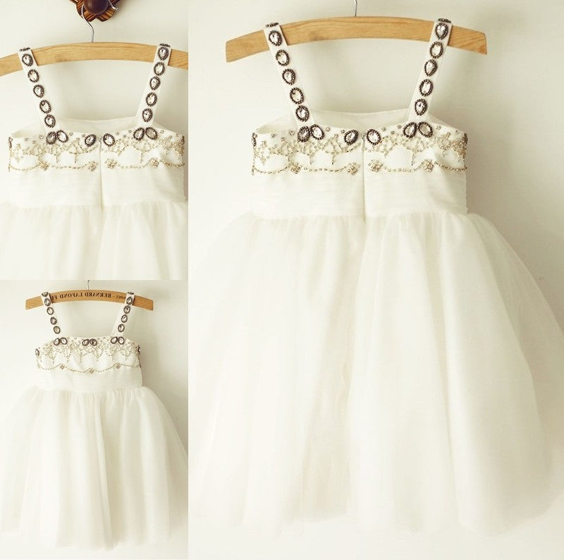 A-Line/Princess Sleeveless Tulle Straps Beading Knee-Length Flower Girl Dresses