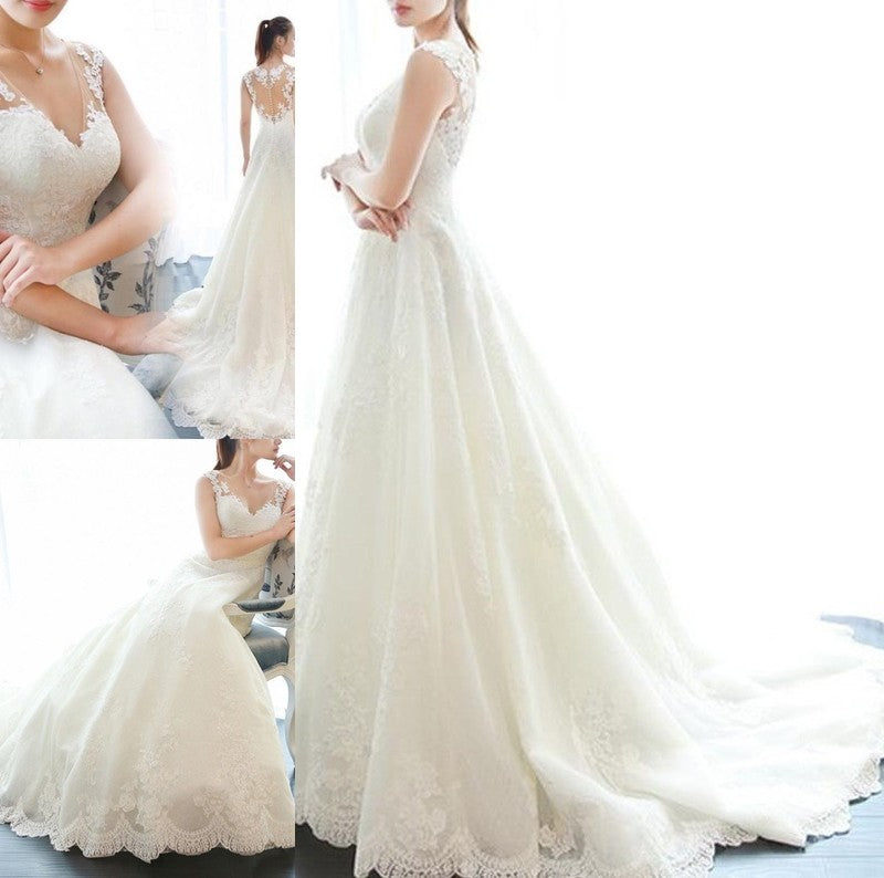 V-neck Applique A-Line/Princess Sleeveless Court Train Lace Wedding Dresses