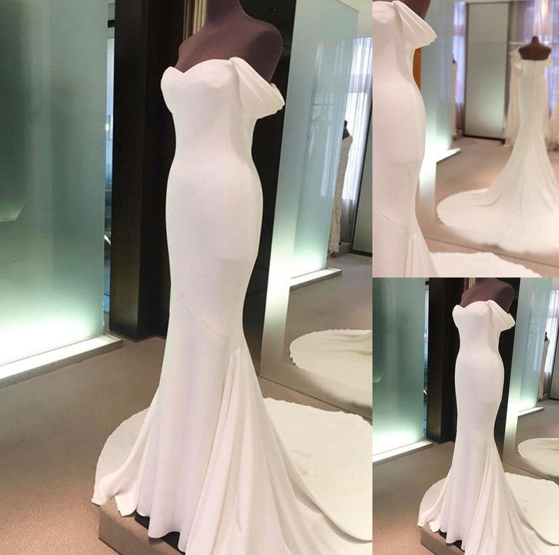 Court Off-the-Shoulder Sleeves Sheath/Column Train Short Spandex Wedding Dresses