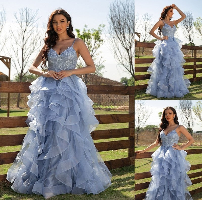 Tulle Applique A-Line/Princess V-neck Sleeveless Floor-Length Dresses