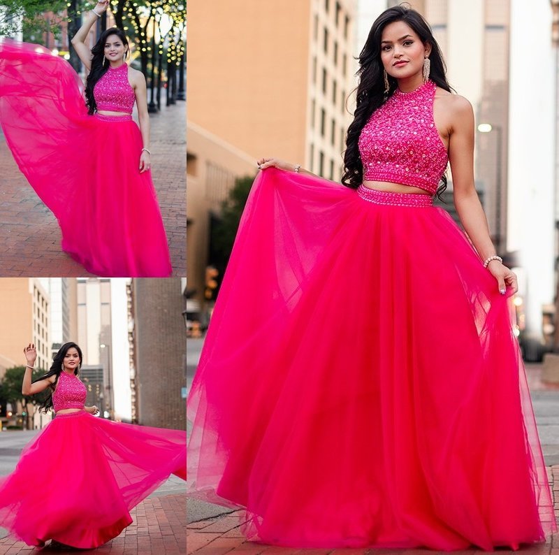 Tulle A-Line/Princess Beading Floor-Length Sleeveless Halter Two Piece Dresses