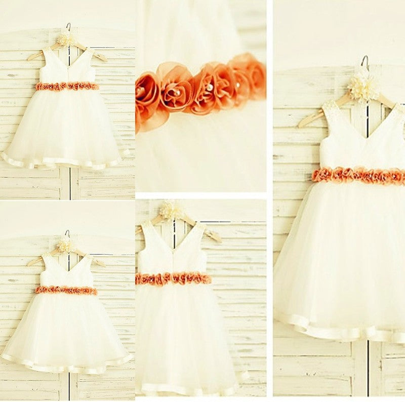 Tea-Length Tulle Sleeveless A-line/Princess Flower V-neck Hand-made Flower Girl Dresses