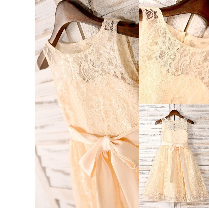 A-Line/Princess Tea-Length Scoop Sash/Ribbon/Belt Sleeveless Lace Flower Girl Dresses