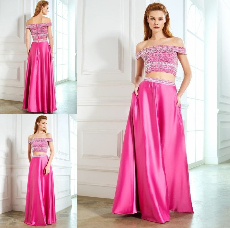 Off-the-Shoulder A-Line/Princess Sleeveless Beading Satin Floor-Length Two Piece Dresses