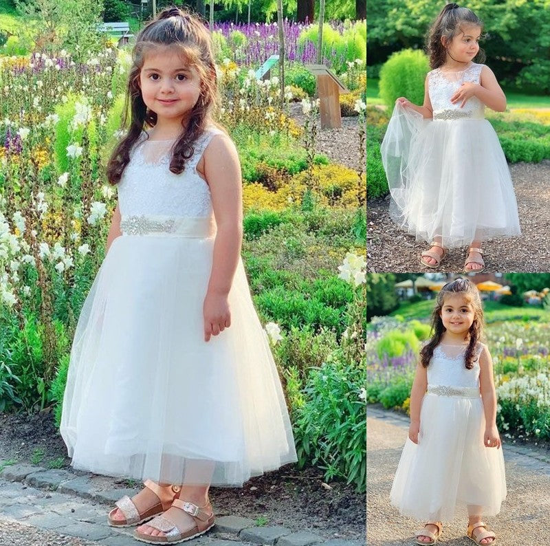 Scoop Tulle Tea-Length Sleeveless A-Line/Princess Lace Flower Girl Dresses