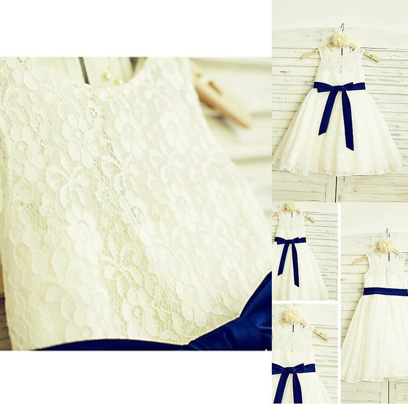 Tea-Length Bowknot Sleeveless Lace A-line/Princess Scoop Flower Girl Dresses