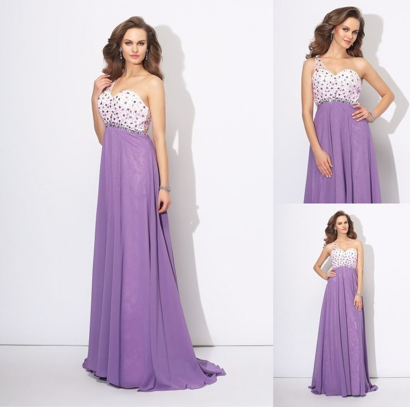 Crystal One-Shoulder Sleeveless A-Line/Princess Long Chiffon Dresses