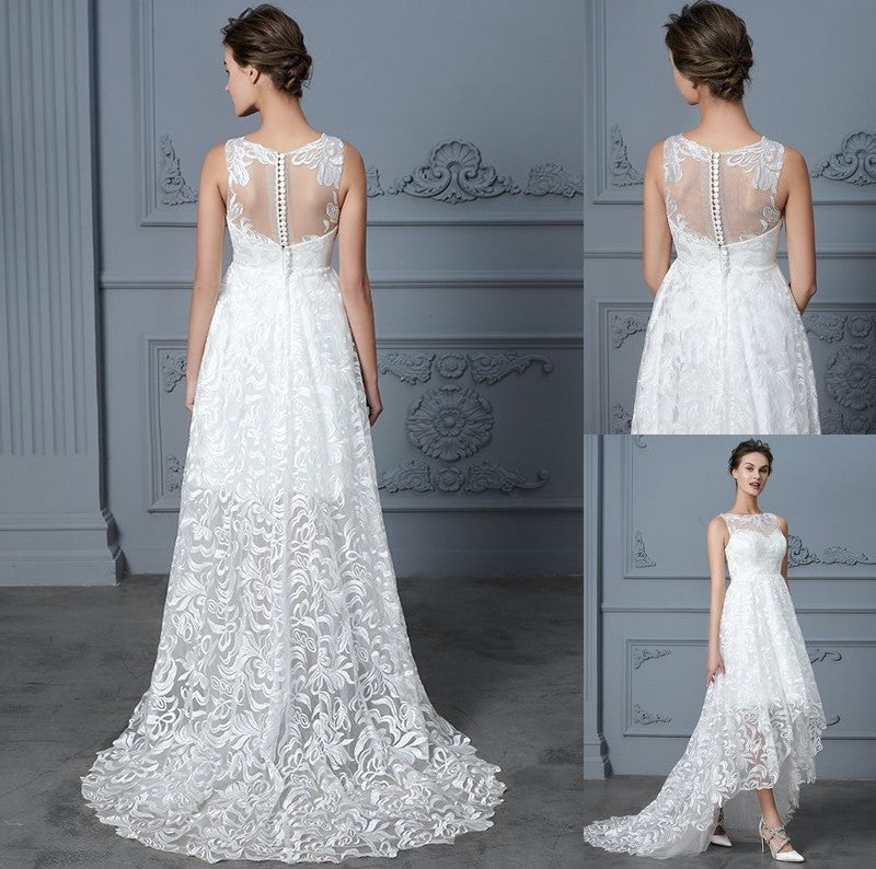 Sleeveless Scoop Asymmetrical A-Line/Princess Lace Wedding Dresses