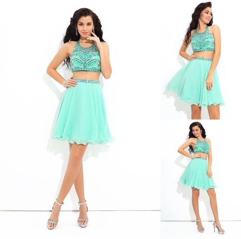 Chiffon A-Line/Princess Sheer Short Sleeveless Neck Rhinestone Two Piece Dresses