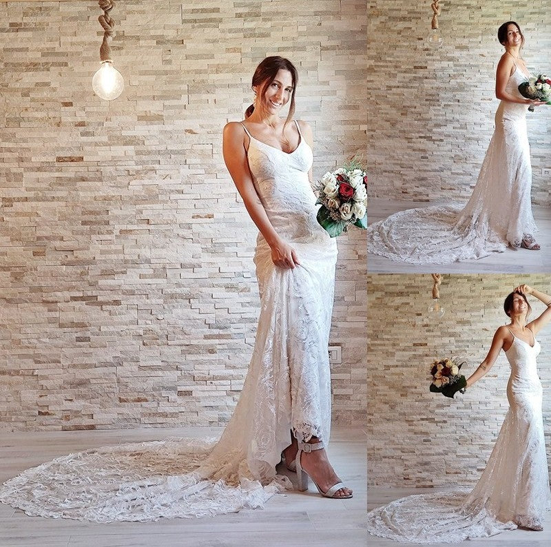 Lace Sheath/Column Spaghetti Sleeveless Applique Straps Court Train Wedding Dresses