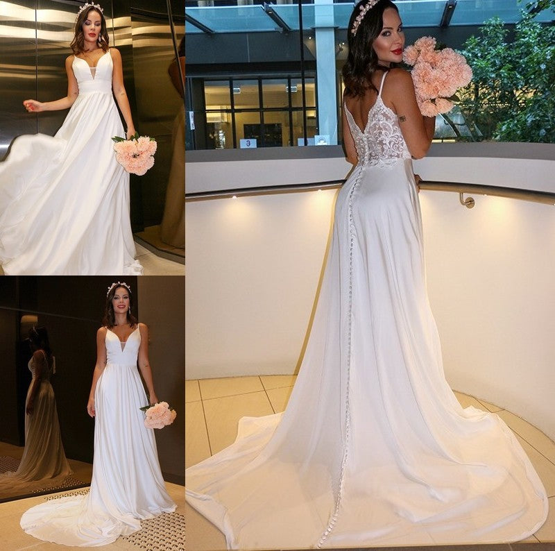 Sleeveless Sweep/Brush Ruffles Straps Spaghetti A-Line/Princess Charmeuse Train Wedding Dresses