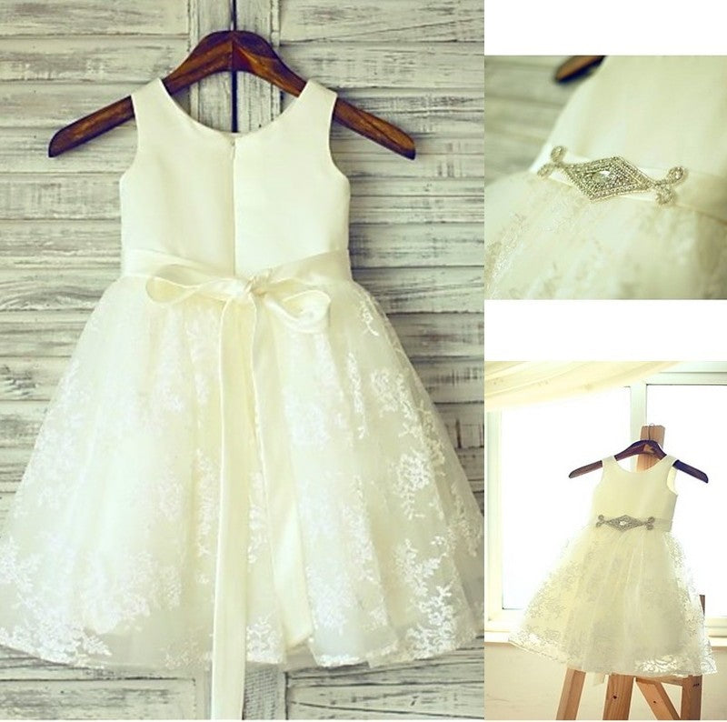 Knee-Length A-line/Princess Sleeveless Scoop Sash/Ribbon/Belt Lace Flower Girl Dresses