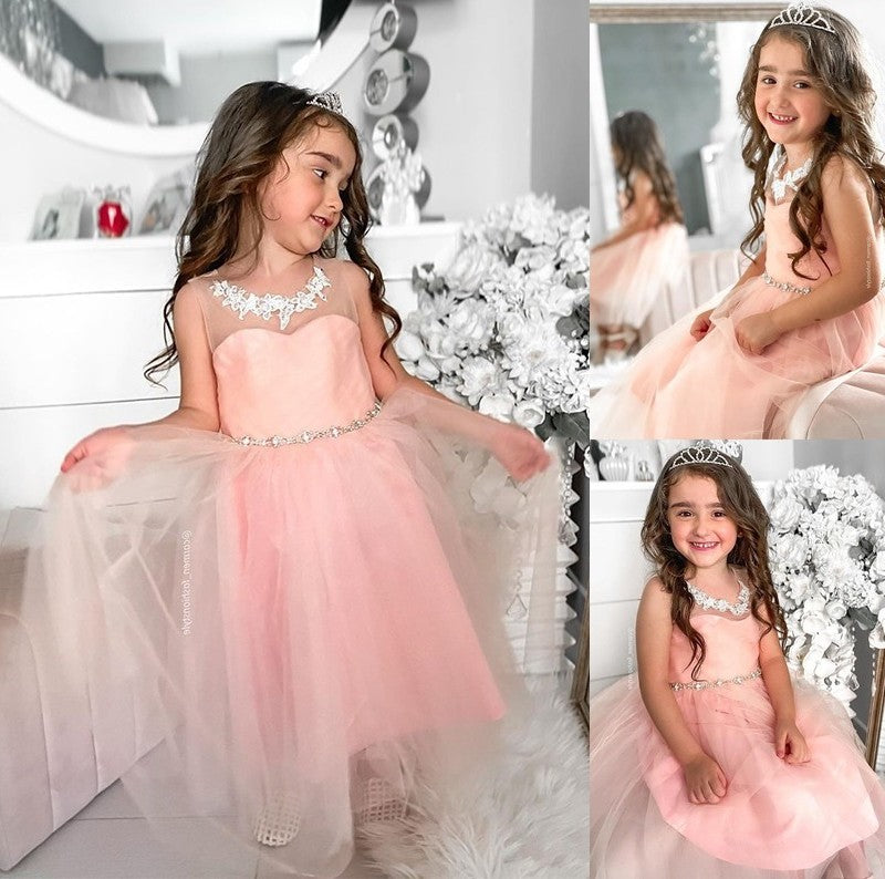 Tulle A-Line/Princess Scoop Tea-Length Sleeveless Beading Flower Girl Dresses