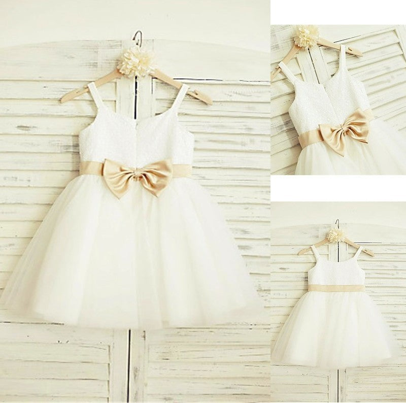 Knee-Length A-line/Princess Tulle Bowknot Straps Sleeveless Spaghetti Flower Girl Dresses