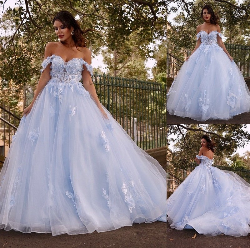 Ball Gown Sleeveless Off-the-Shoulder Applique Tulle Sweep/Brush Train Dresses