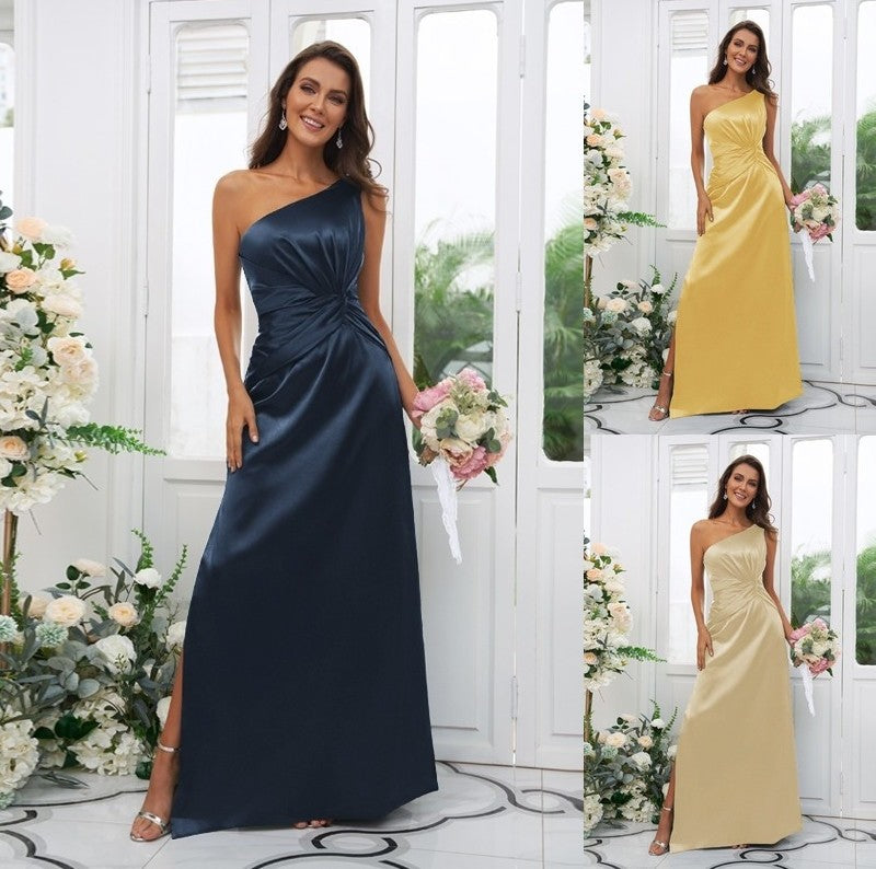 One-Shoulder Satin Sleeveless Sheath/Column Ruched Elastic Woven Floor-Length Bridesmaid Dresses