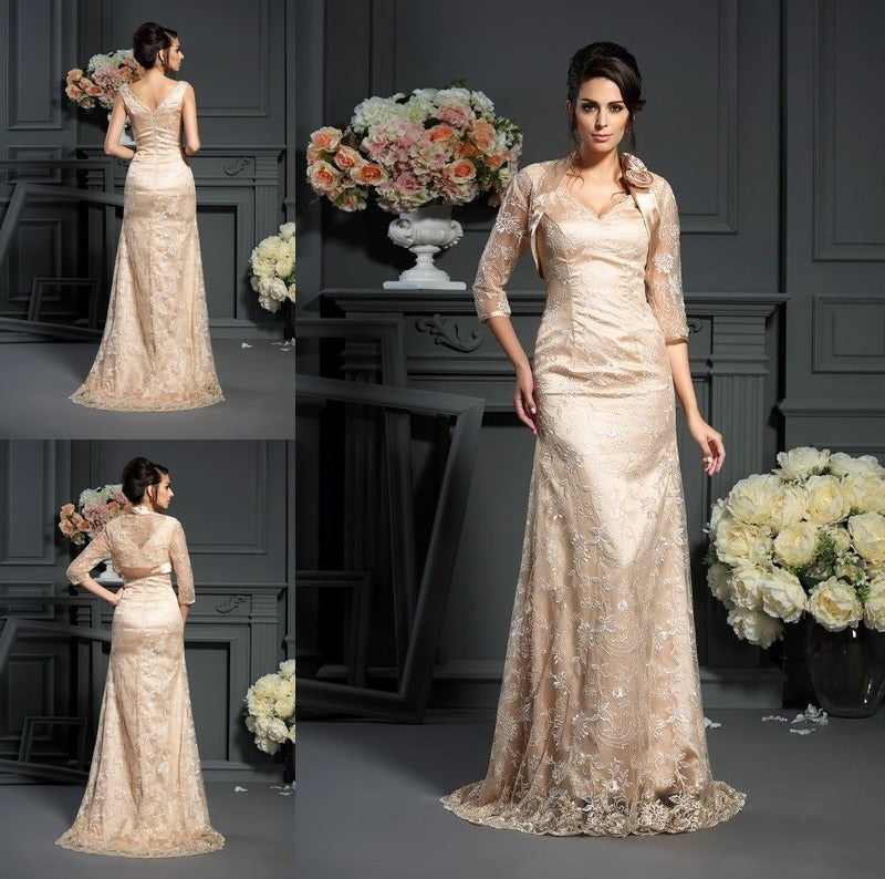 Woven A-Line/Princess Lace of Elastic Sleeveless V-neck Mother Satin Long the Bride Dresses