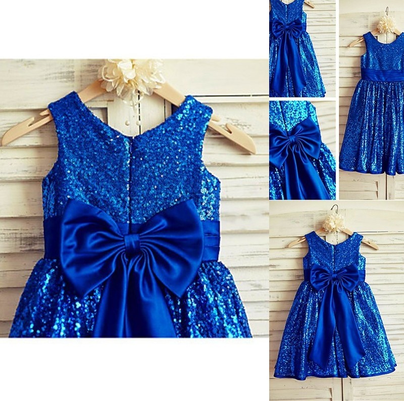 Sequins Bowknot Scoop Tea-Length Sleeveless A-line/Princess Flower Girl Dresses