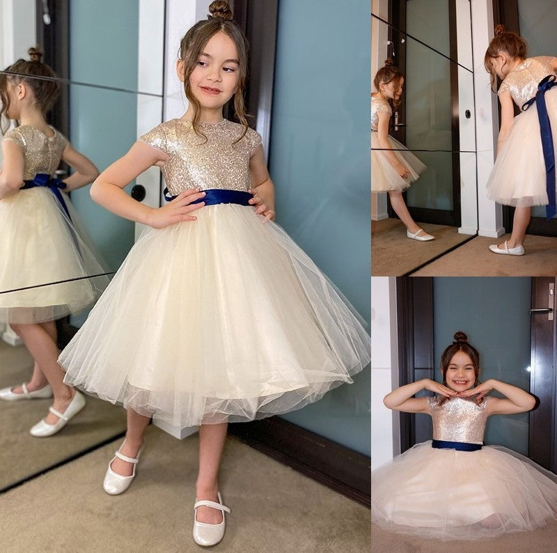 Tulle Short Sash/Ribbon/Belt Sleeves A-Line/Princess Scoop Knee-Length Flower Girl Dresses