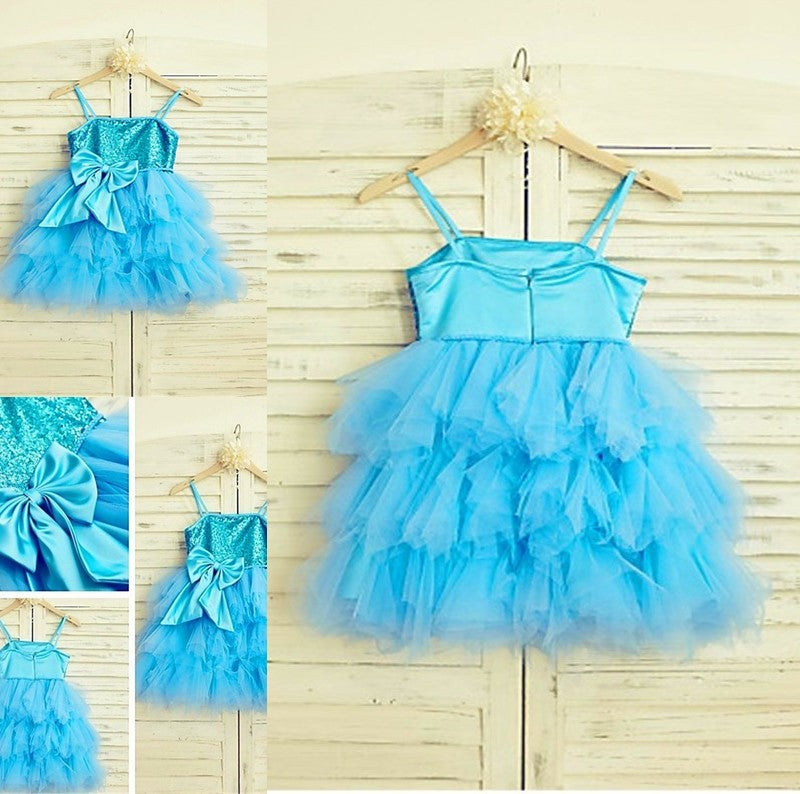 Tea-Length A-line/Princess Net Sequin Sleeveless Straps Spaghetti Flower Girl Dresses