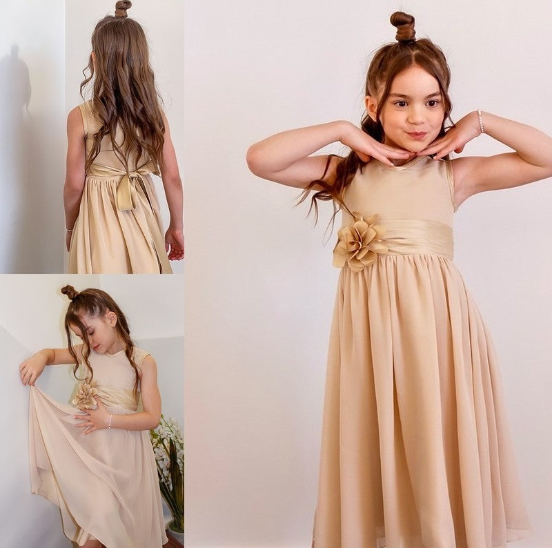 Chiffon Sleeveless A-Line/Princess Tea-Length Hand-Made Scoop Flower Flower Girl Dresses