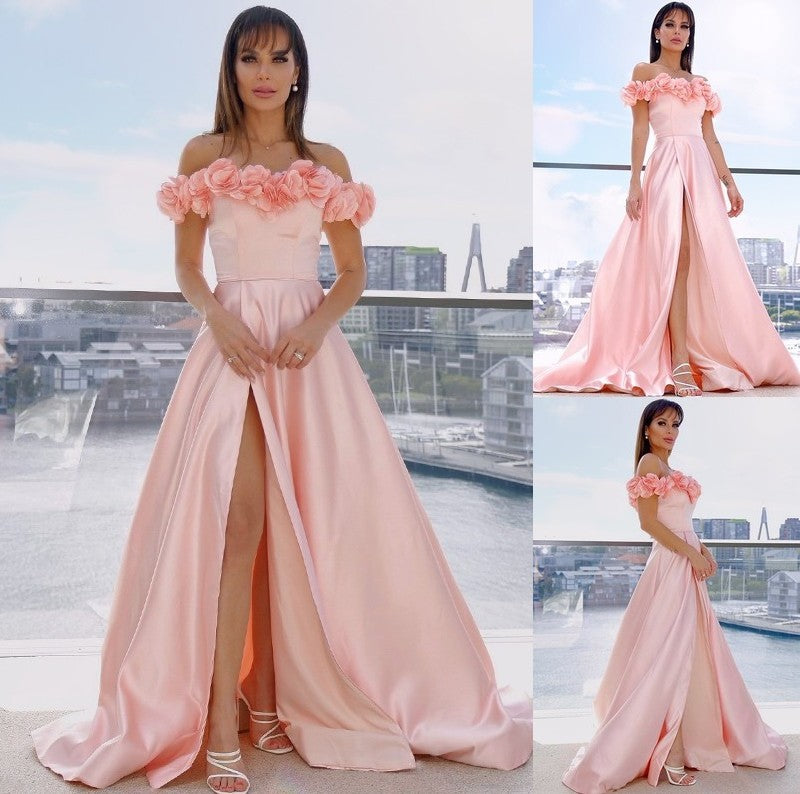 Satin Off-the-Shoulder Sleeveless Flower Hand-Made A-Line/Princess Sweep/Brush Train Dresses