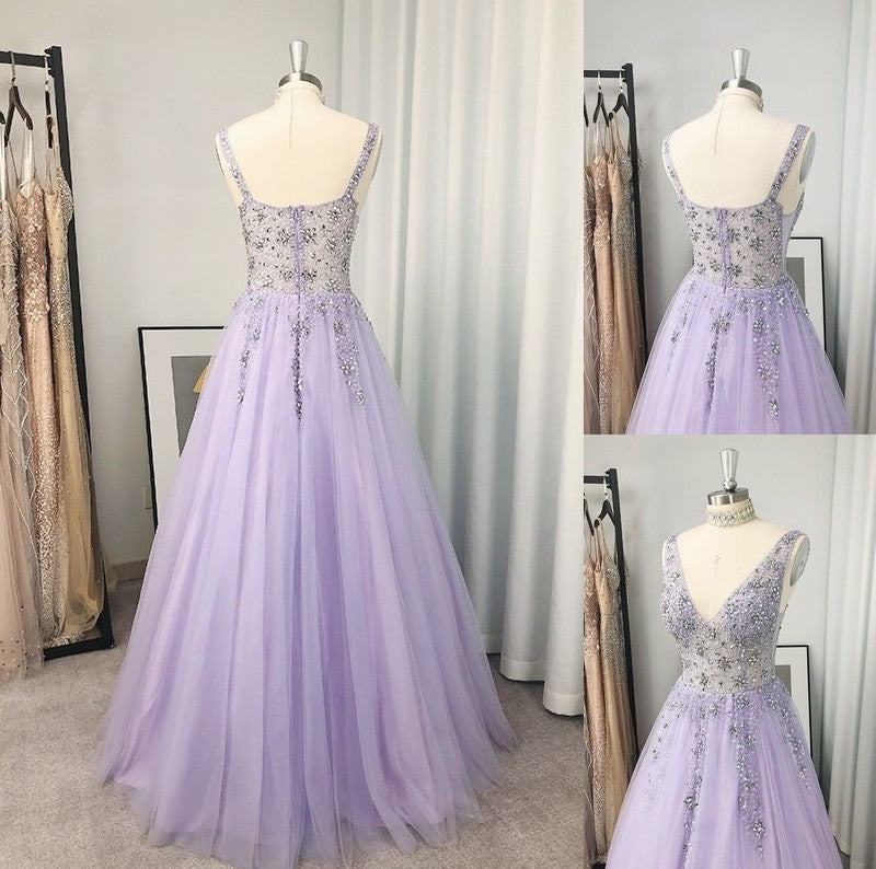 V-neck A-Line/Princess Tulle Beading Sleeveless Floor-Length Dresses