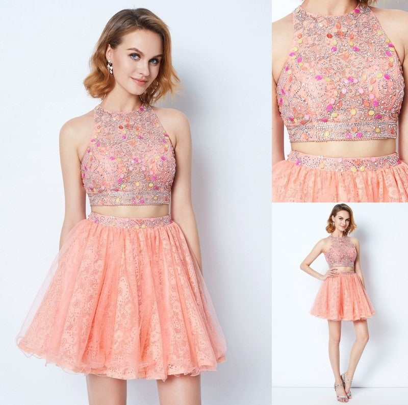 Lace Jewel Beading Short/Mini Sleeveless A-Line/Princess Two Piece Dresses