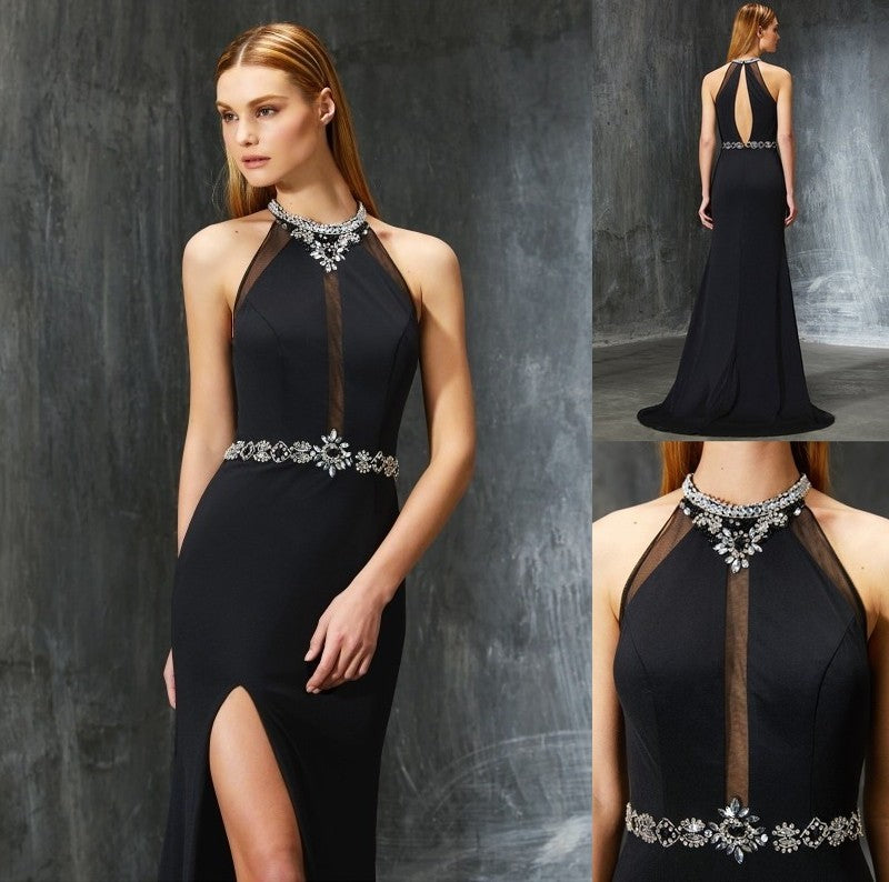 High Sheath/Column Sweep/Brush Neck Sleeveless Train Beading Spandex Dresses