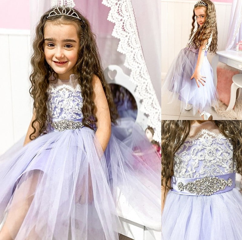 A-Line/Princess Scoop Knee-Length Lace Tulle Sleeveless Flower Girl Dresses