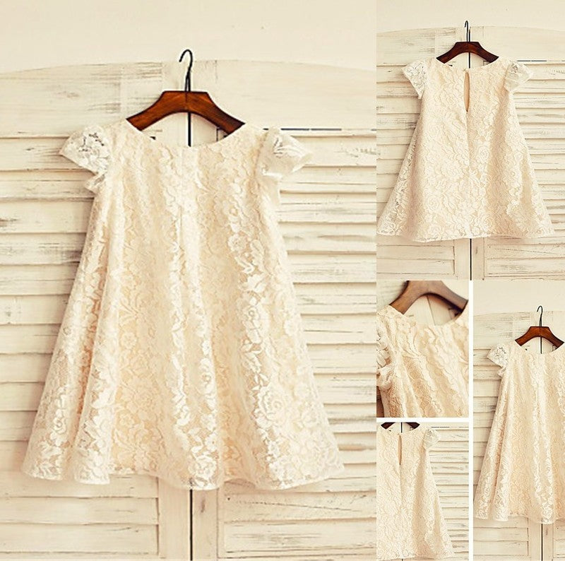 A-line/Princess Tea-Length Scoop Sleeves Short Lace Flower Girl Dresses