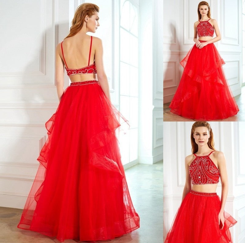 Floor-Length Beading Tulle A-Line/Princess Straps Sleeveless Spaghetti Two Piece Dresses