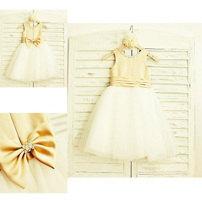 Tulle Bowknot Tea-Length A-line/Princess Scoop Sleeveless Flower Girl Dresses