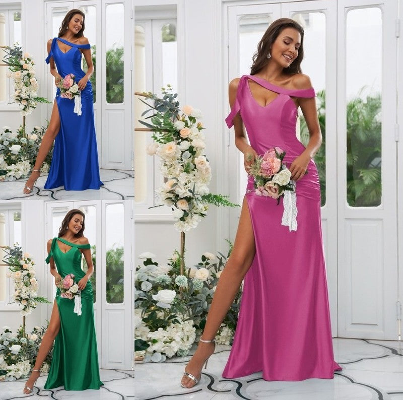 Sweep/Brush Sheath/Column Off-the-Shoulder Ruched Sleeveless Charmeuse Train Bridesmaid Dresses