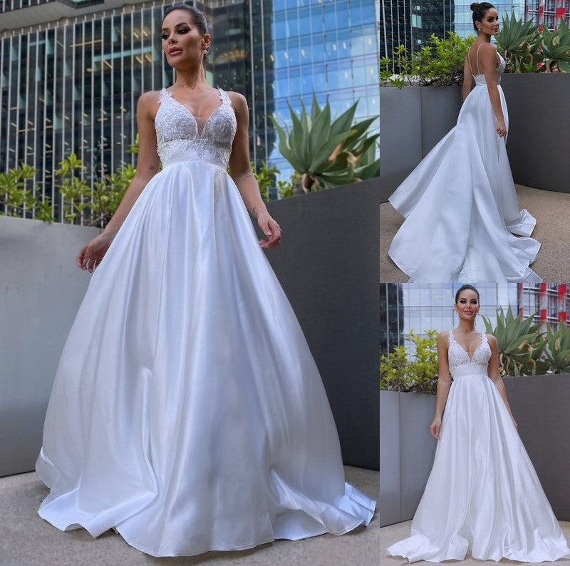 Sleeveless Satin Applique A-Line/Princess V-neck Sweep/Brush Train Wedding Dresses