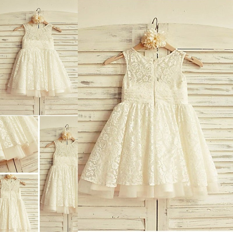 Scoop Sleeveless Ruffles A-line/Princess Tea-Length Lace Flower Girl Dresses