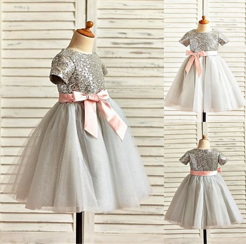 Sleeves Tulle Tea-Length Sequin A-line/Princess Scoop Short Flower Girl Dresses