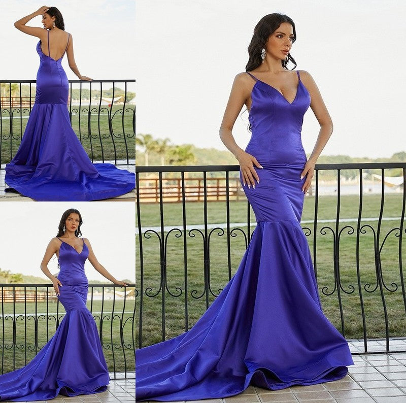 Satin Trumpet/Mermaid Ruffles Sleeveless V-neck Sweep/Brush Train Dresses