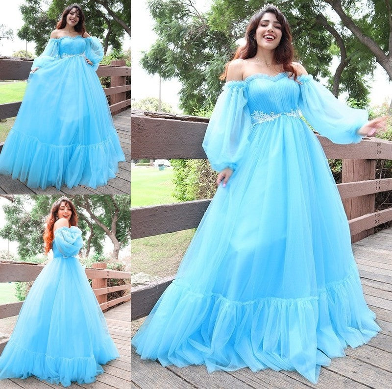 Applique Long Tulle A-Line/Princess Off-the-Shoulder Sleeves Floor-Length Dresses