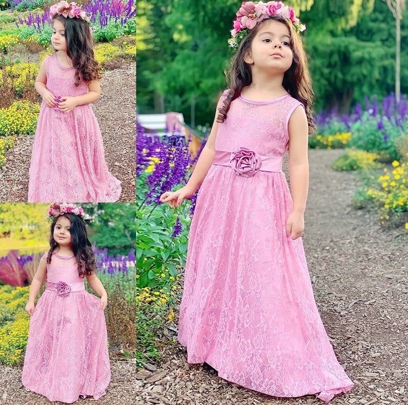 Sleeveless Sash/Ribbon/Belt A-Line/Princess Lace Scoop Ankle-Length Flower Girl Dresses