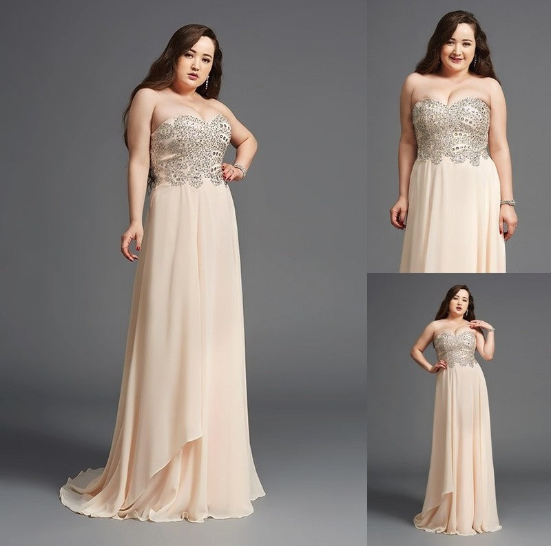 Rhinestone A-Line/Princess Sleeveless Chiffon Sweetheart Long Plus Size Dresses