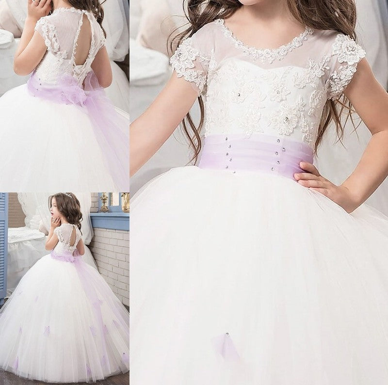 Ball Tulle Short Jewel Sleeves Sash/Ribbon/Belt Gown Floor-Length Flower Girl Dresses