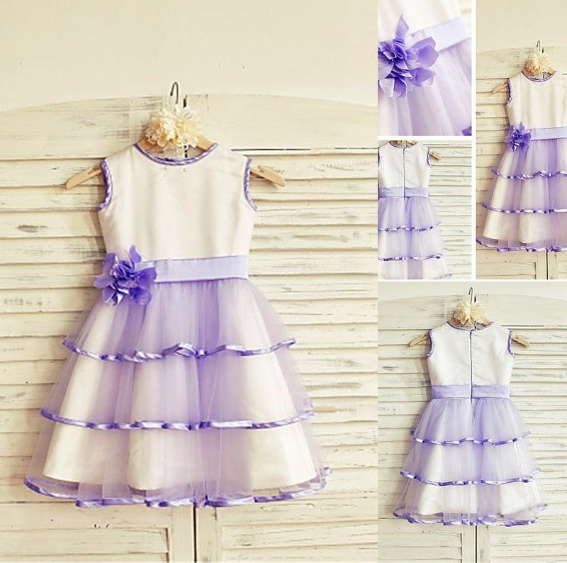 Hand-made Scoop Flower Tea-Length Tulle Sleeveless A-line/Princess Flower Girl Dresses