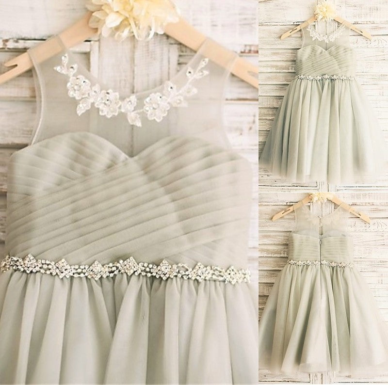 Tea-Length Beading A-line/Princess Scoop Sleeveless Tulle Flower Girl Dresses