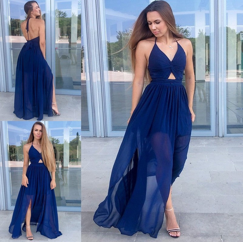 A-Line Floor-Length Sleeveless With V-neck Ruched Chiffon Dresses