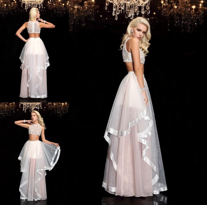 Scoop Long A-Line/Princess Applique Tulle Sleeveless Two Piece Dresses