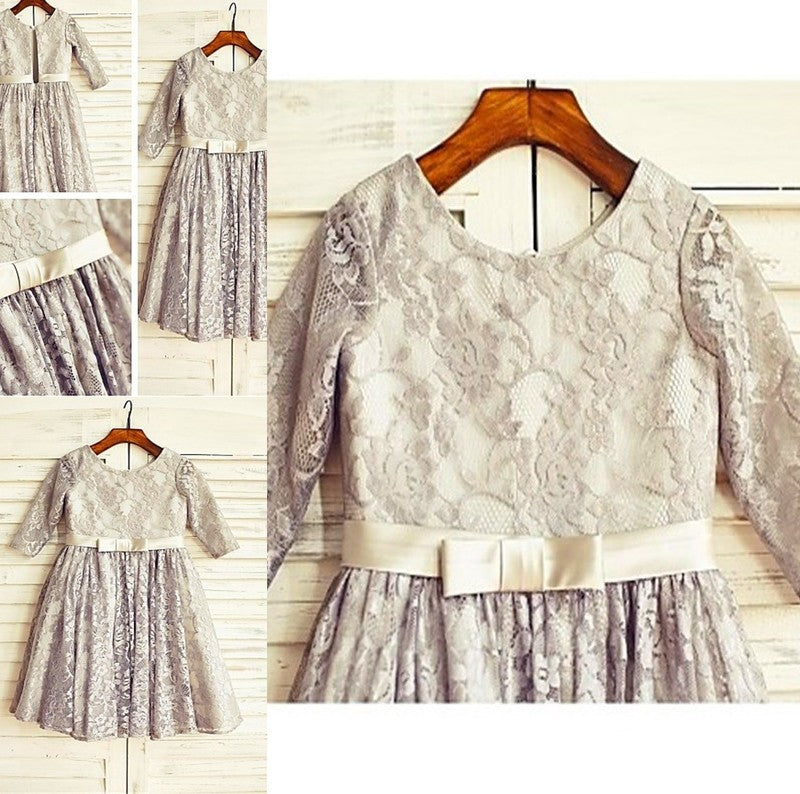 Scoop 3/4 Sleeves Lace A-line/Princess Tea-Length Flower Girl Dresses