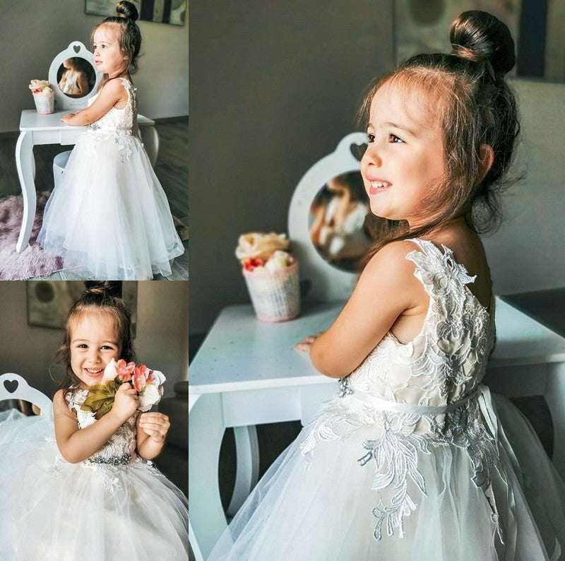 Sleeveless V-neck A-Line/Princess Tulle Ankle-Length Lace Flower Girl Dresses